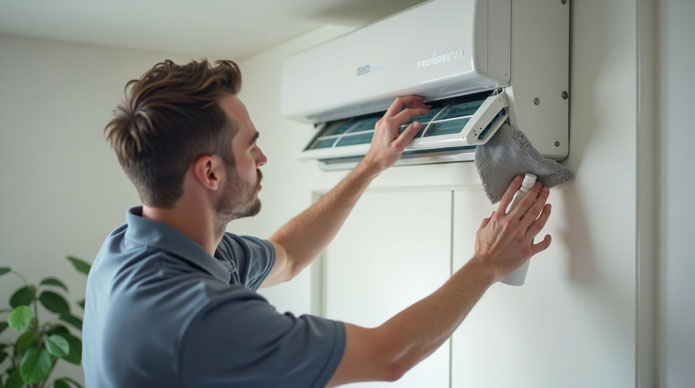 Un technicien professionnel en tenue de travail en train d’ouvrir une unité murale de climatisation pour en nettoyer le filtre.