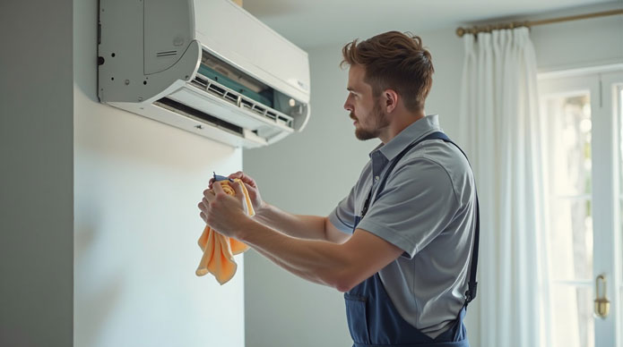 Un technicien professionnel en tenue de travail en train d’ouvrir une unité murale de climatisation pour en nettoyer le filtre.