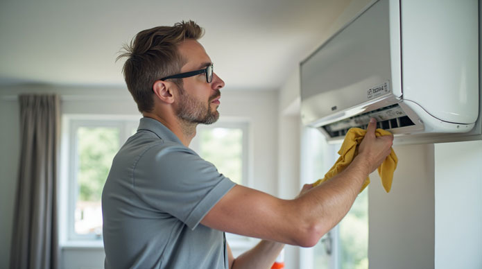 Un technicien professionnel en tenue de travail en train d’ouvrir une unité murale de climatisation pour en nettoyer le filtre.