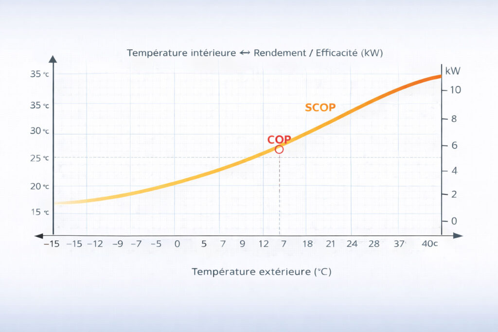 Graphique montrant l'évolution du rendement d'une pompe à chaleur en fonction de la température extérieure. La courbe met en évidence le COP (Coefficient de Performance) à un point précis et le SCOP (Coefficient de Performance Saisonnier) sur l'ensemble de la courbe de température.