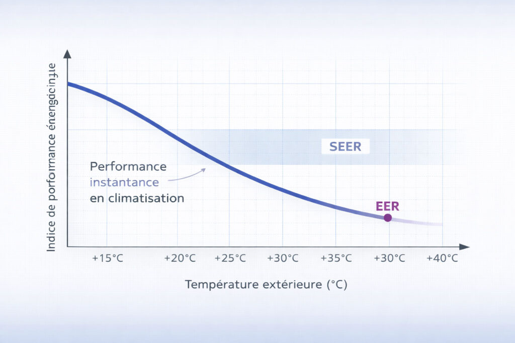 Courbe de performance instantanée en climatisation montrant la baisse de l'indice d'efficacité énergétique (EER) à mesure que la température extérieure augmente. La zone SEER (Seasonal Energy Efficiency Ratio) est surlignée pour illustrer l'efficacité saisonnière globale.