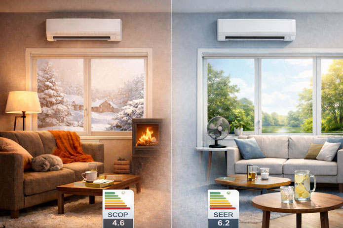 Image comparative divisée en deux : à gauche, un salon en hiver (chauffage) avec un indicateur SCOP de 4.6 ; à droite, le même salon en été (climatisation) avec un indicateur SEER de 6.2.