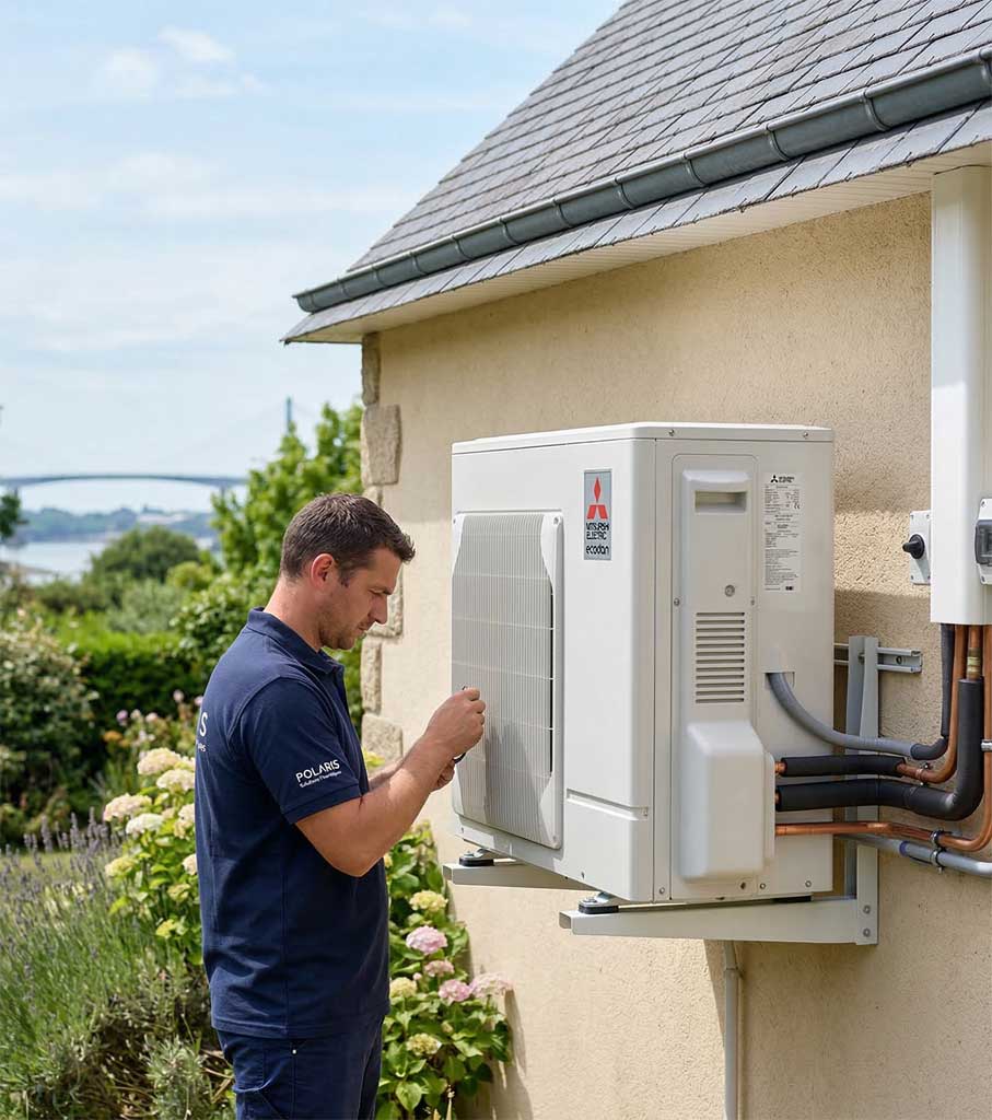 pompe-a-chaleur-coueron-1 Technicien chauffagiste de l'entreprise Polaris réalisant l'installation d'une pompe à chaleur Mitsubishi Electric sur le mur extérieur d'une maison à Couëron, avec vue sur la Loire en arrière-plan.