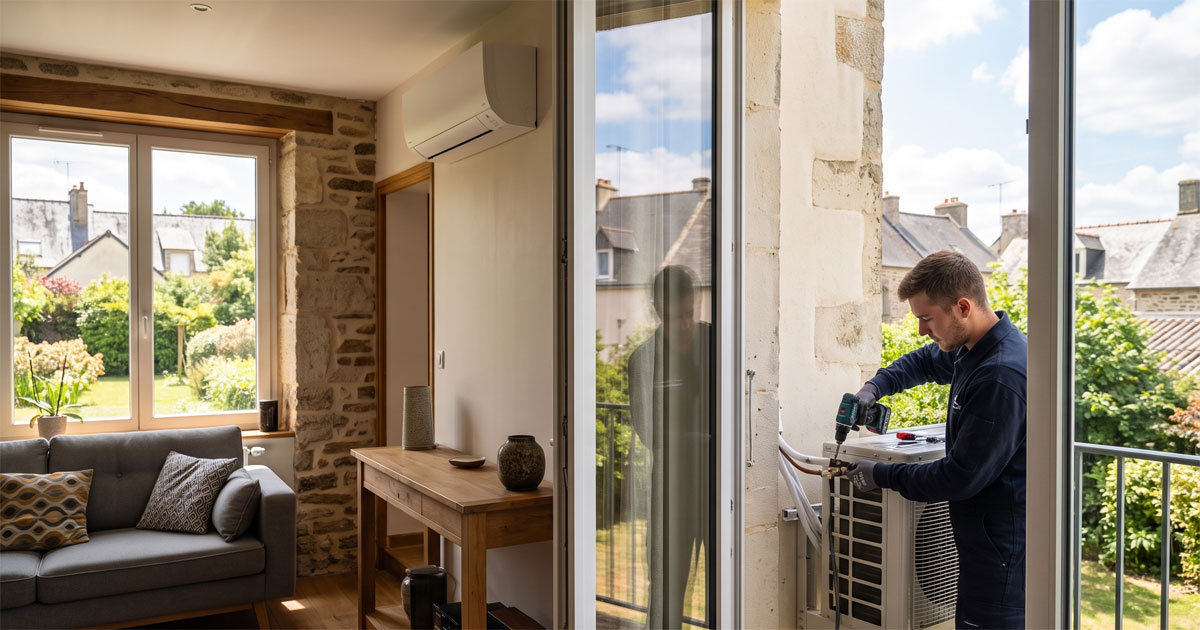 tva-a-5-5 Un installateur en tenue de travail bleue utilise une perceuse-visseuse pour fixer des conduites sur l'unité extérieure d'un climatiseur split. Il travaille sur le balcon d'une pièce d'habitation lumineuse. On aperçoit, à travers la porte-fenêtre ouverte, une partie du salon avec un canapé gris, une table console en bois et, sur le mur intérieur, l'unité intérieure du climatiseur déjà installée. L'arrière-plan montre des maisons de village et de la verdure.