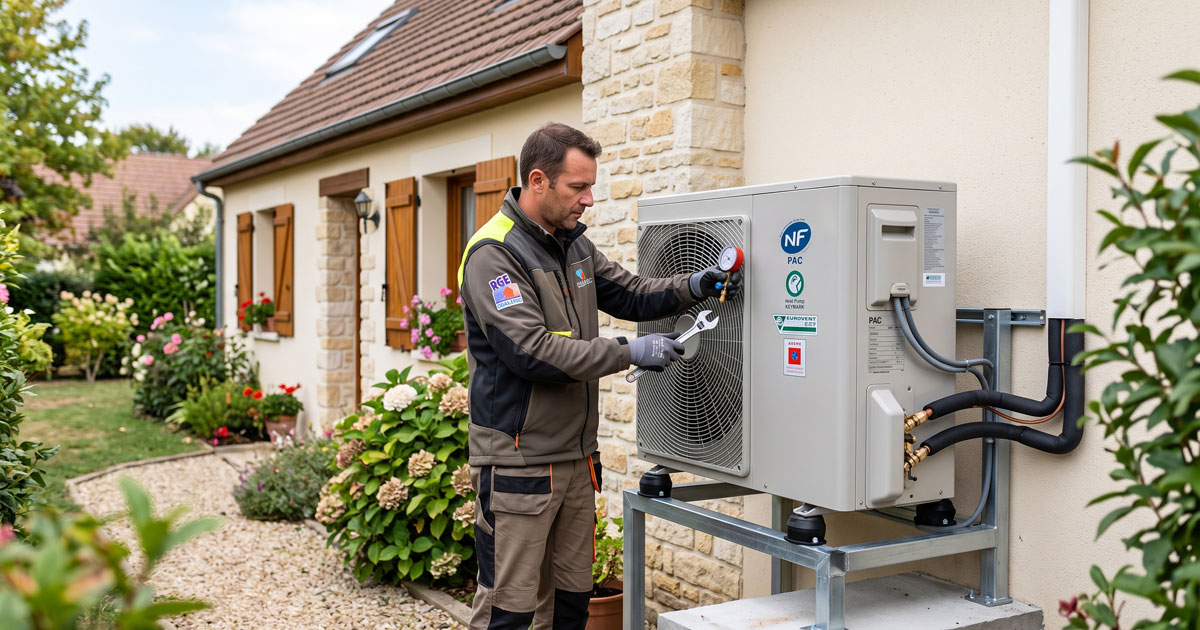 agrement-ademe-obligatoire-prime-cee-og-image Technicien installant une pompe à chaleur extérieure devant une maison.