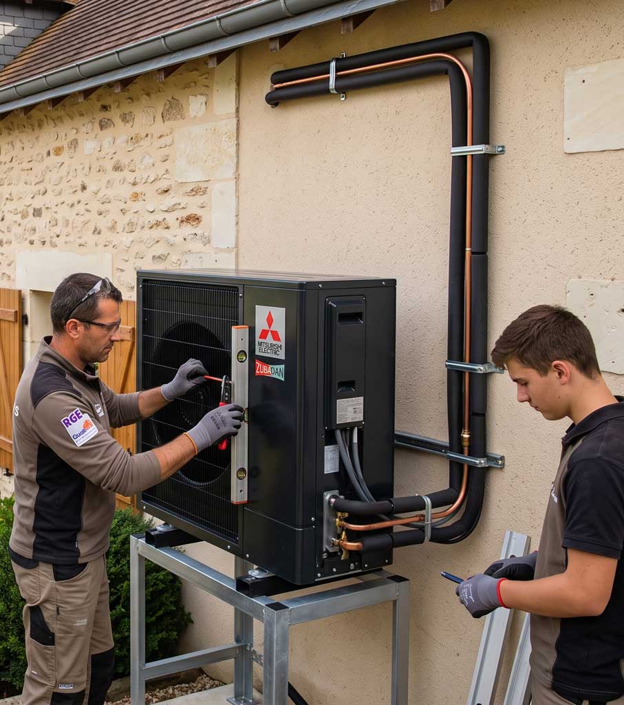 pompe-a-chaleur-suce-sur-erdre-faq Installation d'une pompe à chaleur Mitsubishi Electric par deux techniciens à Sucé-sur-Erdre.